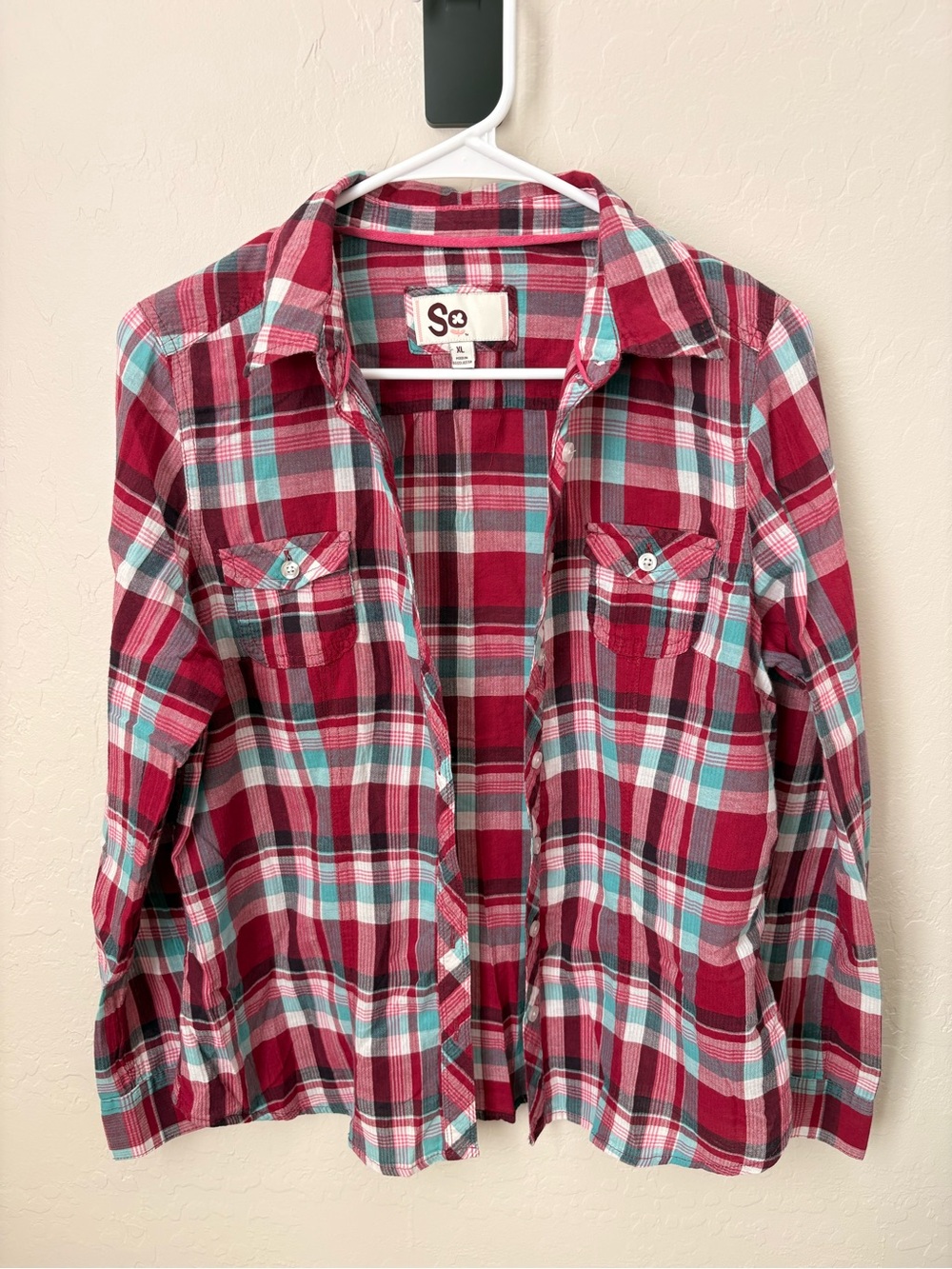 SO Red Plaid Button-Down Shirt with Teal Accents